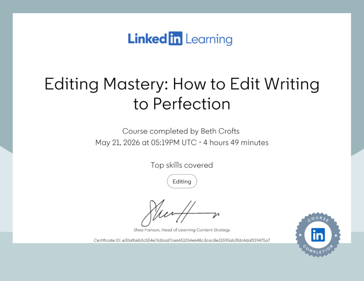 LinkedIn Learning certificate for editing mastery