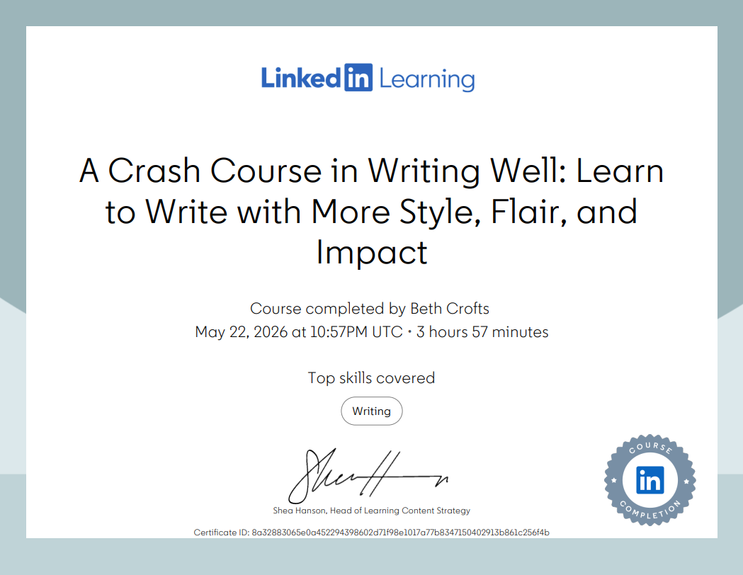 LinkedIn Learning certificate for writing with style, flair and impact